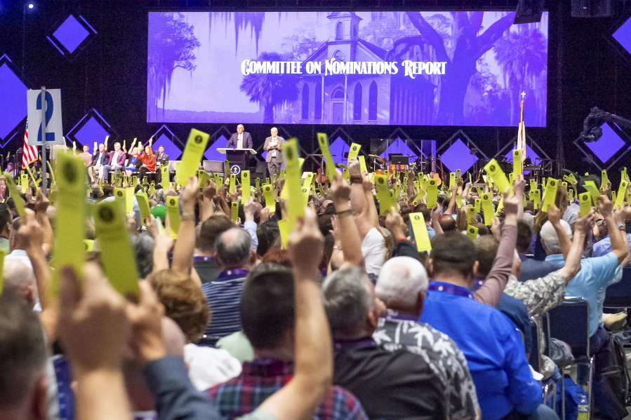 Delegates vote at the Southern Baptist Convention at the New Orleans Ernest N. Morial Convention Center in New Orleans, Tuesday, June 13, 2023.
