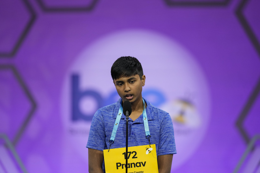 Pranav Anandh, 14, from Glen Mills, Pa., competes during the Scripps National Spelling Bee, Tuesday, May 30, 2023, in Oxon Hill, Md.