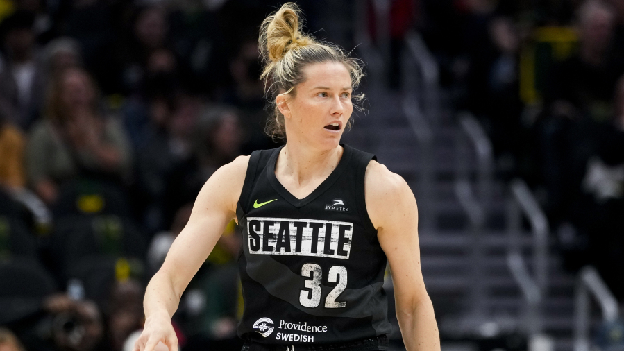 Seattle Storm guard Sami Whitcomb looks on during the first half of a WNBA basketball game against the Washington Mystics, Sunday, June 11, 2023, in Seattle.