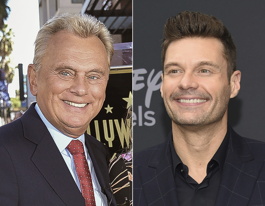 Pat Sajak attends a ceremony honoring Harry Friedman with a star on the Hollywood Walk of Fame in Los Angeles on Nov. 1, 2019, left, and Ryan Seacrest attends the Walt Disney Television 2019 upfront in New York on May 14, 2019. Seacrest will become the new "Wheel of Fortune" host after Pat Sajak's retirement next year. Seacrest and Sony Pictures Television announced Tuesday that Seacrest has signed a multi-year deal to host the long-running game show starting with Season 42.