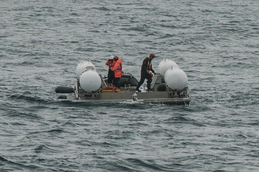 In this photo released by Action Aviation, the submersible Titan is prepared for a dive into a remote area of the Atlantic Ocean on an expedition to the Titanic on Sunday, June 18, 2023. Rescuers raced against time Tuesday, June 20, to find the missing submersible carrying five people, who were reported overdue Sunday night.