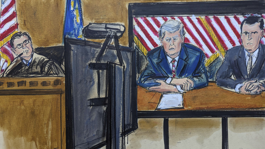 In this artist depeiction, former president Donald Trump, left on screen, and his attorney Todd Blanche, right on screen, appear via video in Manhattan criminal court, in New York, Tuesday, May 23, 2023. Trump made a video appearance Tuesday in his New York criminal case, with Judge Juan Manuel Merchan, left, setting a trial date for late March of next year.