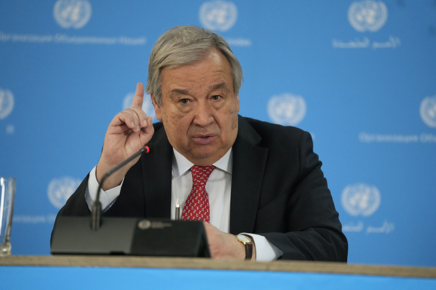 FILE - U.N secretary General Antonio Guterres addresses the media during a visit to the U.N. office in the capital Nairobi, Kenya on , May 3, 2023. Guterres implicitly criticized Cambodia's upcoming elections Wednesday, May 31, 2023 for failing to be inclusive, after the top opposition party was not allowed to register.