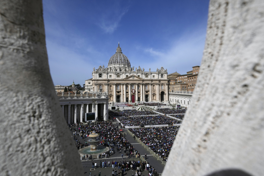 FILE - A view of the Palm Sunday's mass celebrated by Pope Francis in St. Peter's Square at The Vatican on April 2, 2023. The Vatican on Friday, June 30, 2023  reported a doubling of income from its key Peter's Pence charitable fund last year, to 107 million euros, even as donations from the rank and file faithful dipped slightly following years of scandal over financial mismanagement at the Holy See.