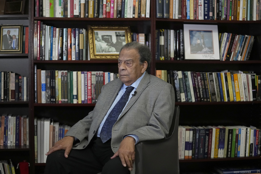 Civil Rights icon Andrew Young speaks during an interview with The Associated Press, May 18, 2023, in Atlanta.