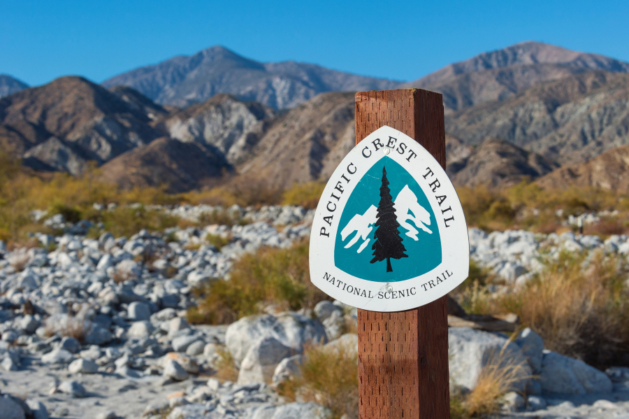 A Pacific Crest Trail sign for hikers and backpackers.