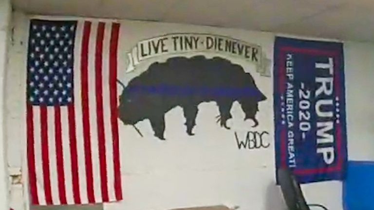 A Trump flag is seen in this screen grab from Seattle Police Department body-camera footage taken in January 2021 at the department’s East Precinct.