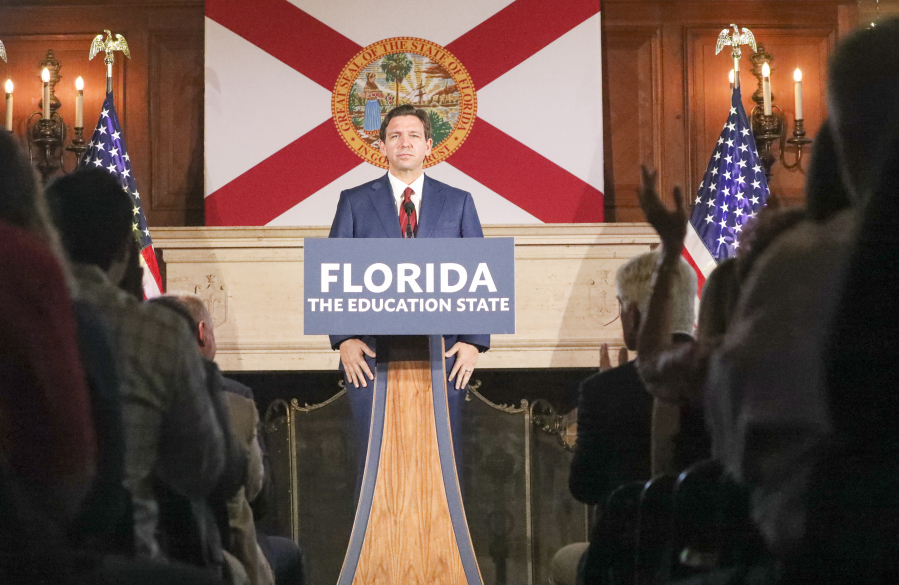 In this photo from May 15, 2023, Gov. Ron DeSantis appears at a news conference before signing several bills having to do with higher education at New College of Florida in Sarasota. (Douglas R.