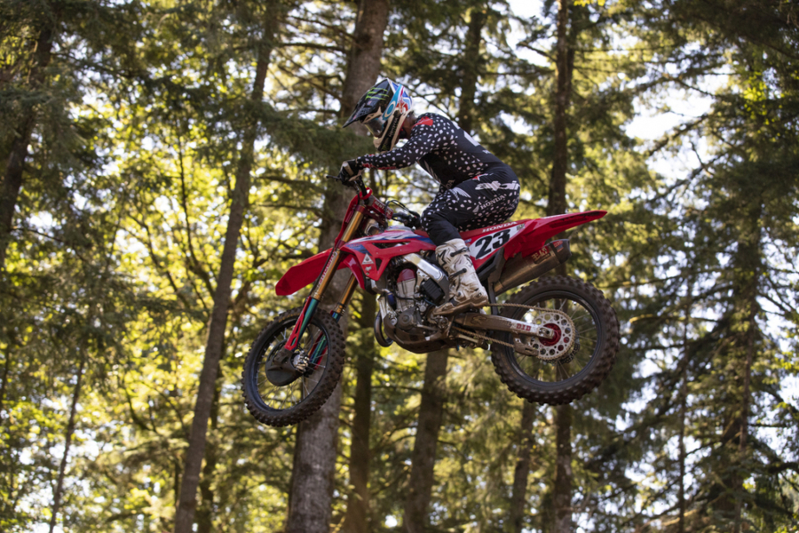 Chase Sexton catches air in the 450 Class Moto #2 at the Washougal National Lucas Oil Pro Motocross Championships at the Washougal MX Park on Saturday afternoon, July 23, 2022.