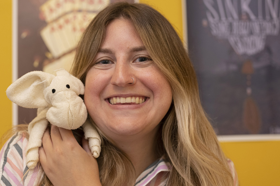 Amanda Schwarz, 27, of East Passyunk and her favorite stuffed animal, a pig named Paul. (Jose F.
