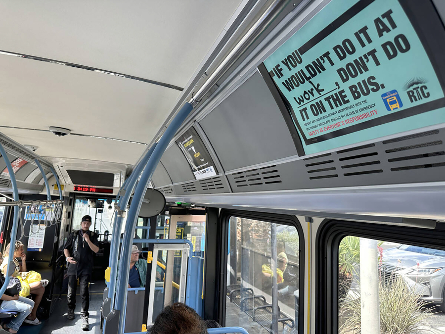 A sign promoting safety is seen on the Regional Transportation Commission 109 Maryland Parkway bus in Las Vegas Thursday, June 8, 2023. (K.M.