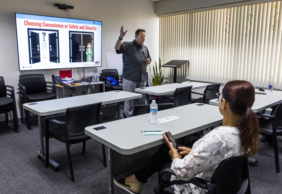 Andrew Roszak with the Institute for Childhood Preparedness conducts active shooter preparedness training for early childhood professionals at the Children's Cabinet Training Center on Saturday, July 15, 2023, in Las Vegas. (L.E.
