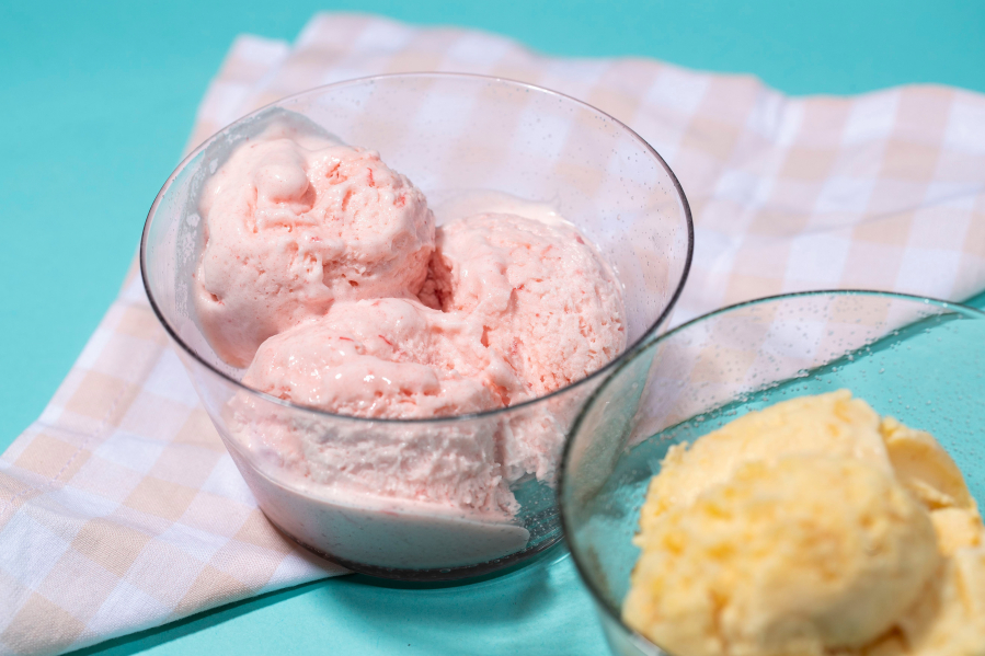 Raspberry and passionfruit ice cream.