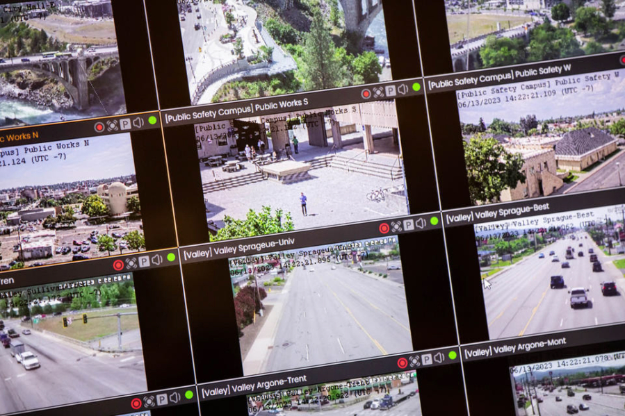 Video surveillance software is shown on screens used in the Spokane County Sheriff's Office's temporary "Real Time Crime Center," a room in which footage from various surveillance camera feeds will be analyzed to aid in police work.