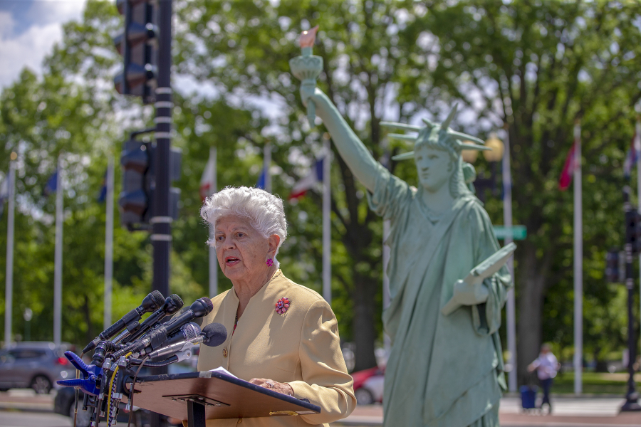 Rep. Grace Napolitano speaks May 16, 2019 at the America Welcomes Event with a Statue Of Liberty Replica Shows Solidarity With Immigrants & Refugees at Union Station in Washington.