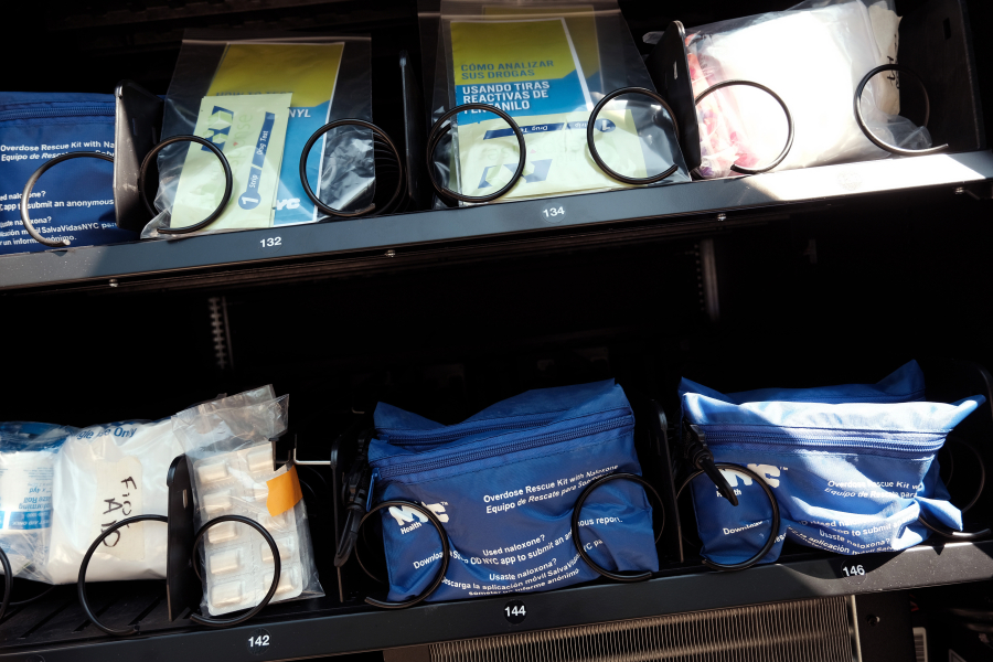 Some of the items are displayed in a new vending machine in Brooklyn that will disperse fentanyl test strips and naloxone as well as hygiene kits, maxi pads, Vitamin C, and COVID-19 tests for free on June 5, 2023, in New York City.
