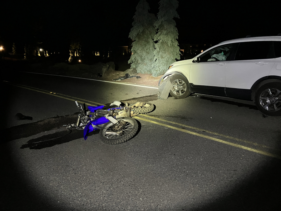 A crash scene Saturday night near Felida after investigators say a motorcycle crossed the center line and crashed into an oncoming SUV. The motorcyclist was taken to a Portland hospital with serious injuries.