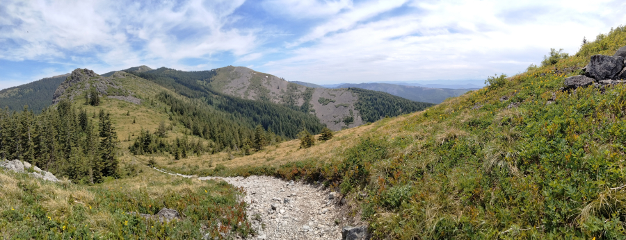 A side trail along the Grouse Vista Trail leads up a slope where you can take in this view of Pyramid Rock, the peak of Silver Star Mountain and far-distant ridges to the southeast.