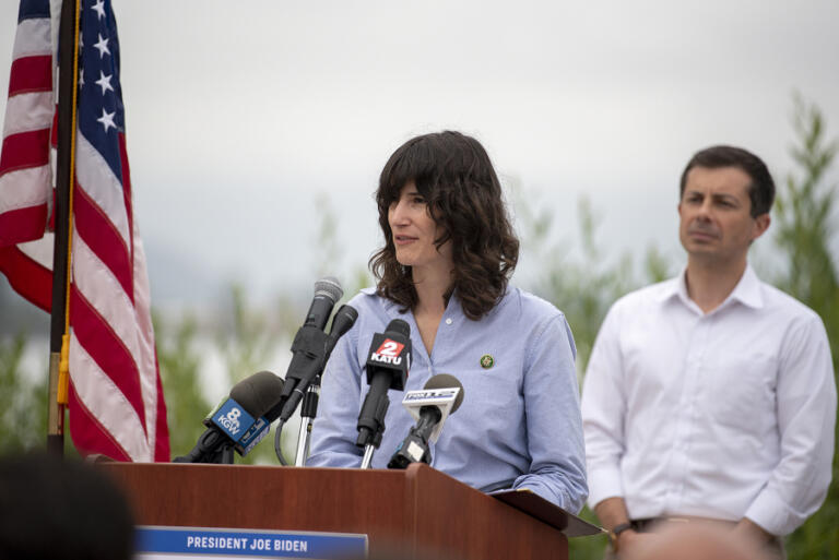 U.S. Rep. Marie Gluesenkamp Perez speaks to the crowd while joined by U.S. Secretary of Transportation Pete Buttigieg at the Port of Camas Washougal on Friday morning, July 7, 2023.