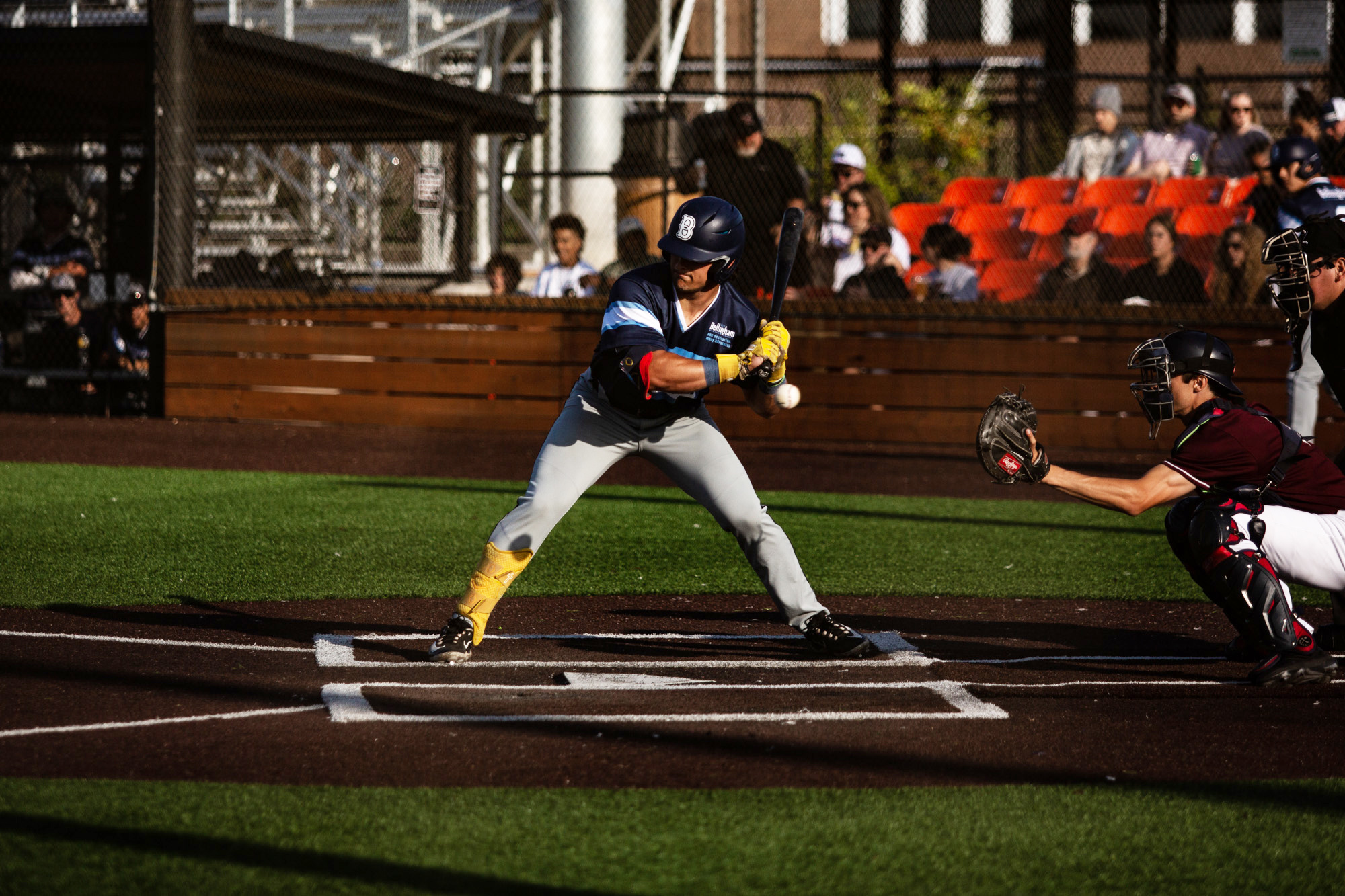 Brady Reynolds of The Bellingham Bells at bat against The Ridgefield Raptors on Friday July 7th, 2023 at the Ridgefield Outdoor Recreation Complex.