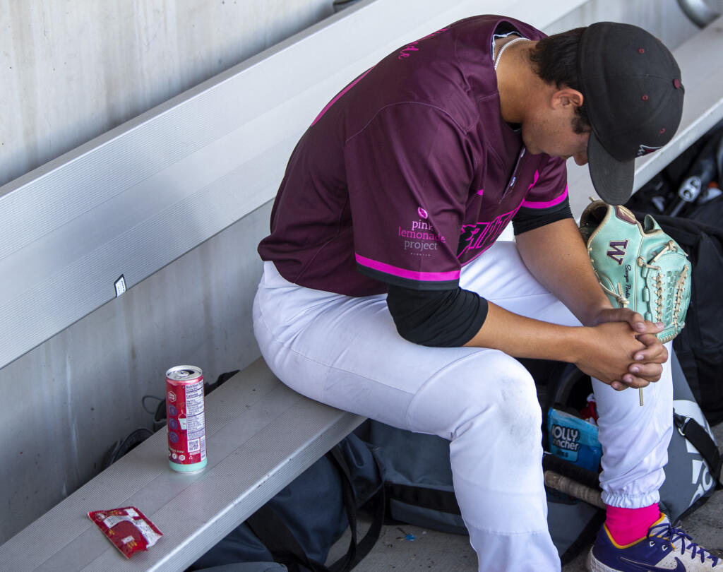 Raptors pitcher Sawyer Parkin takes a moment Friday, July 14, 2023, during the Raptors’ game against Yakima Valley at the Ridgefield Outdoor Recreation Complex.
