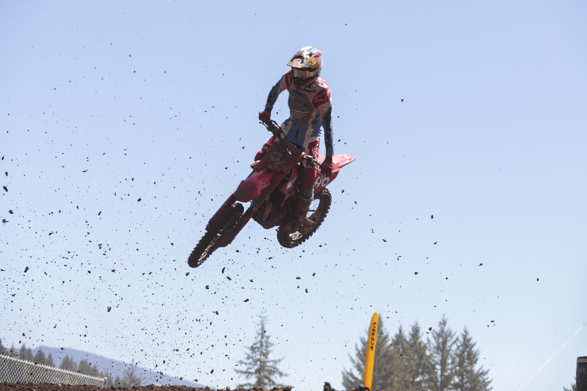 Hunter Lawrence takes a jump in the 250 Class Moto 1 at the 42nd annual Washougal National motocross race at Washougal MX Park on Saturday, July 22, 2023.