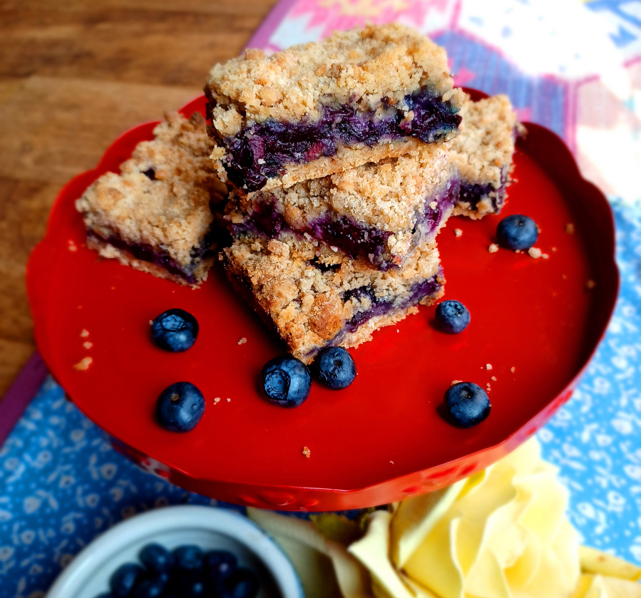 These Blueberry Spice Crumble Bars use 4 cups of fresh blueberries but taste better when they're cold.