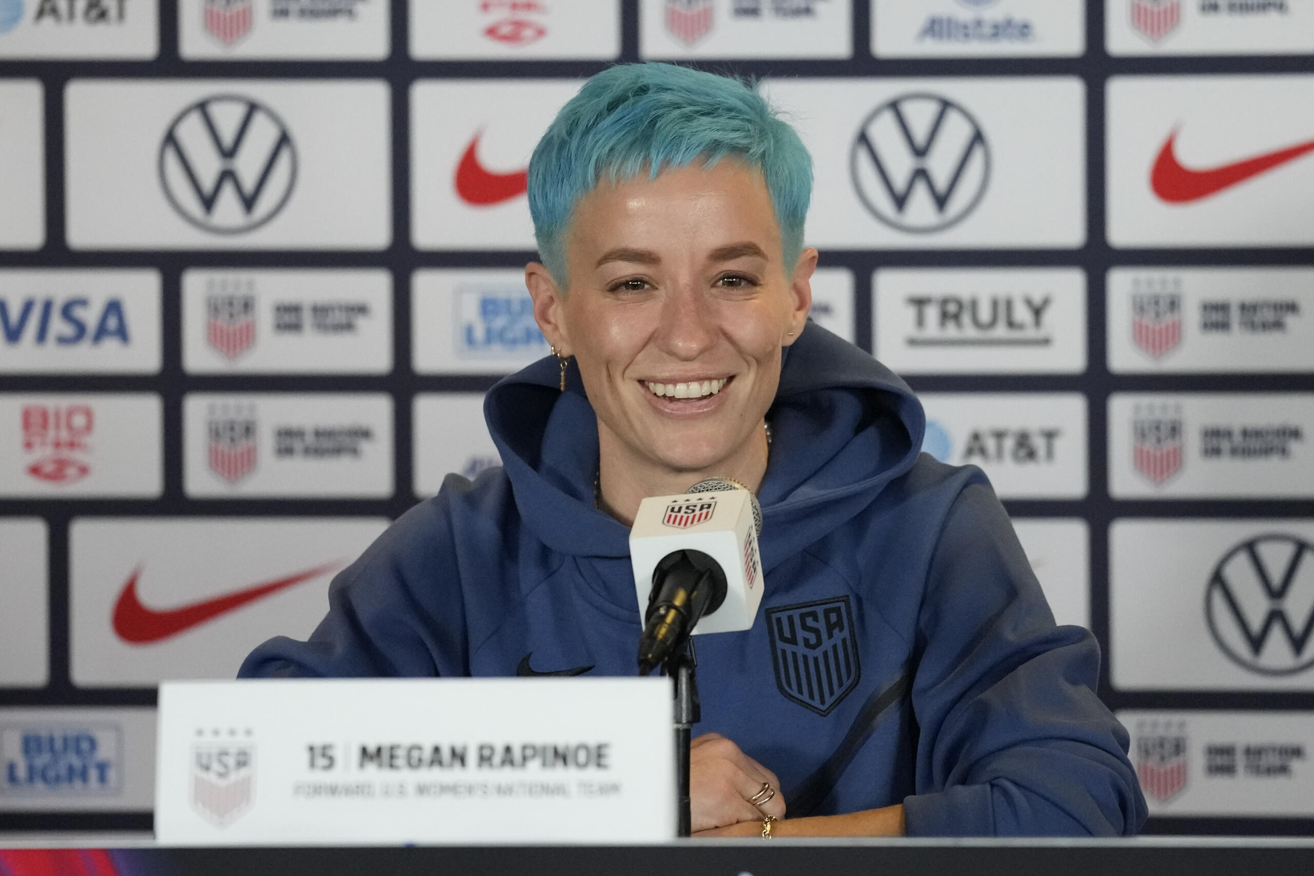 FILE- U.S soccer player Megan Rapinoe speaks to reporters during the 2023 Women's World Cup media day for the United States Women's National Team in Carson, Calif., Tuesday, June 27, 2023. Days before heading to her fourth World Cup, Rapinoe announced she’ll retire at the end of the National Women's Soccer League season. Rapinoe, 38, made the announcement on Twitter Saturday, July 8, 2023.
