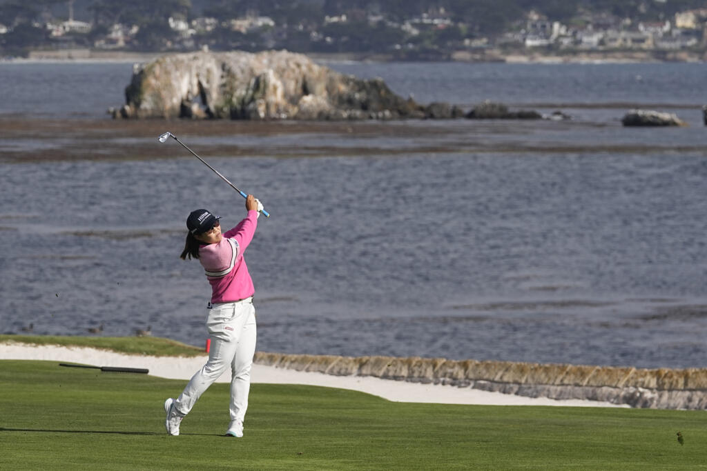 Nasa Hataoka, of Japan, hits from the 18th fairway during the third round of the U.S. Women's Open golf tournament at the Pebble Beach Golf Links, Saturday, July 8, 2023, in Pebble Beach, Calif.