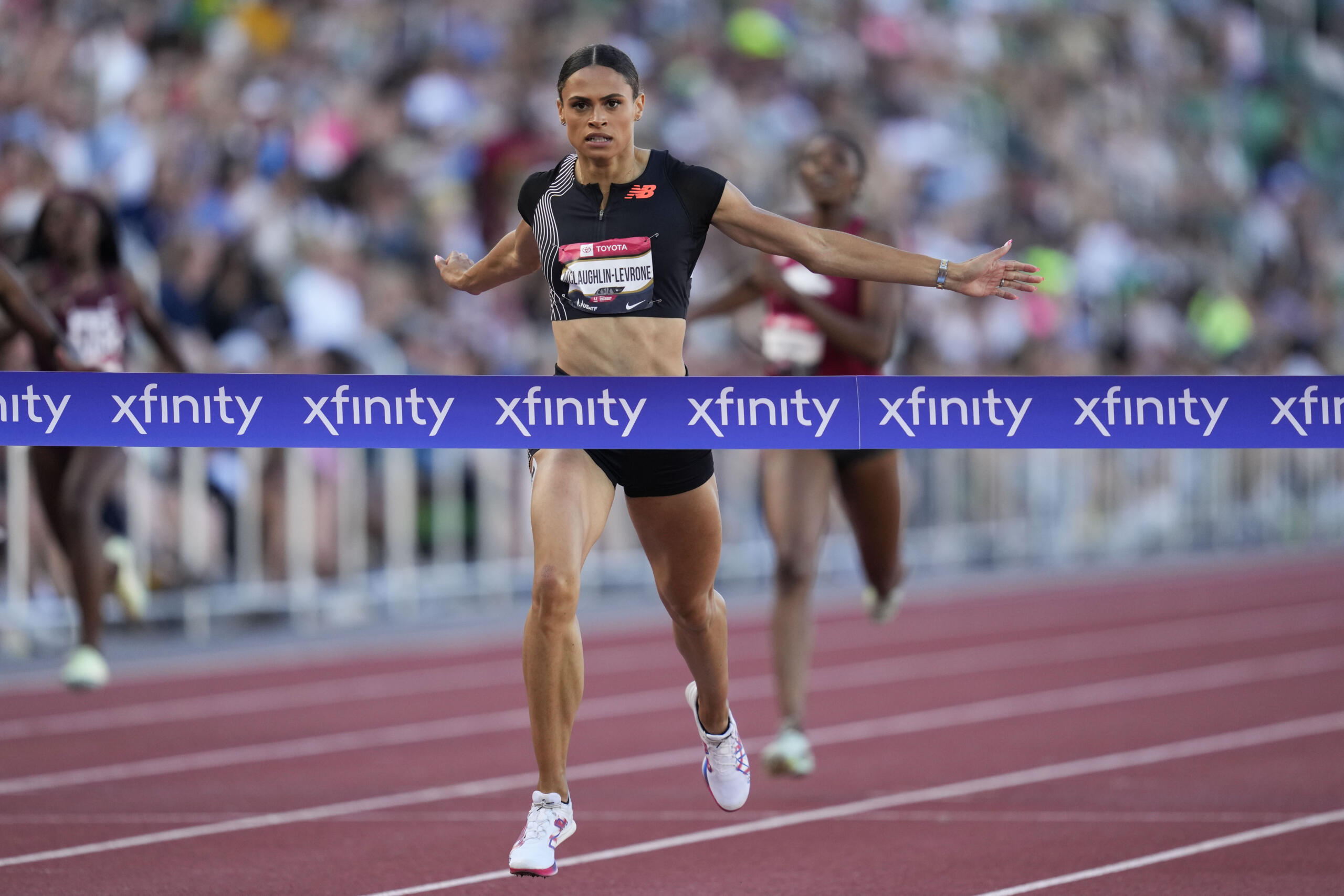 Sydney McLaughlin-Levrone crosses the finish line to win the women's 400 meter final during the U.S. track and field championships in Eugene, Ore., Saturday, July 8, 2023.