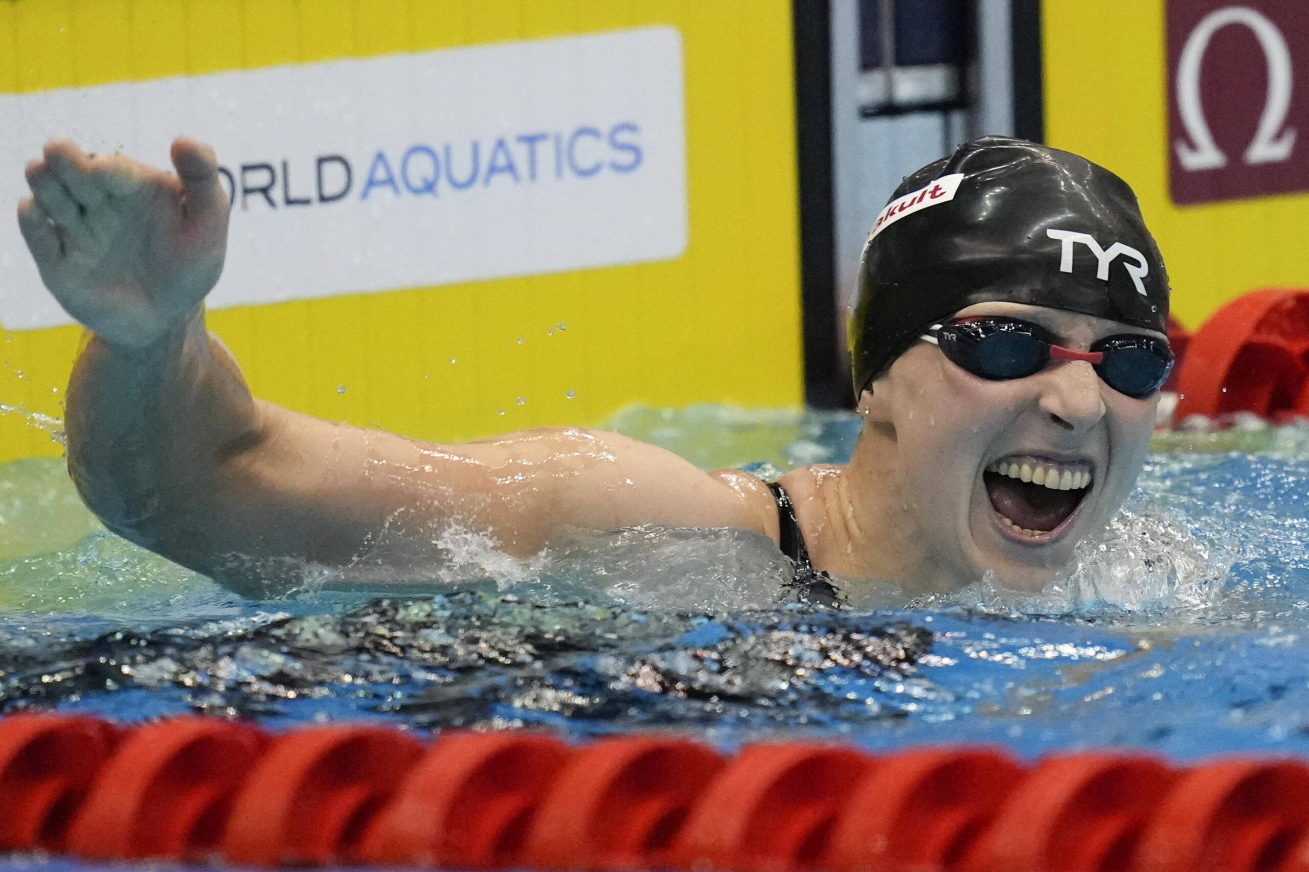 Katie Ledecky of United States reacts after the women's 1500m freestyle finals at the World Swimming Championships in Fukuoka, Japan, Tuesday, July 25, 2023.
