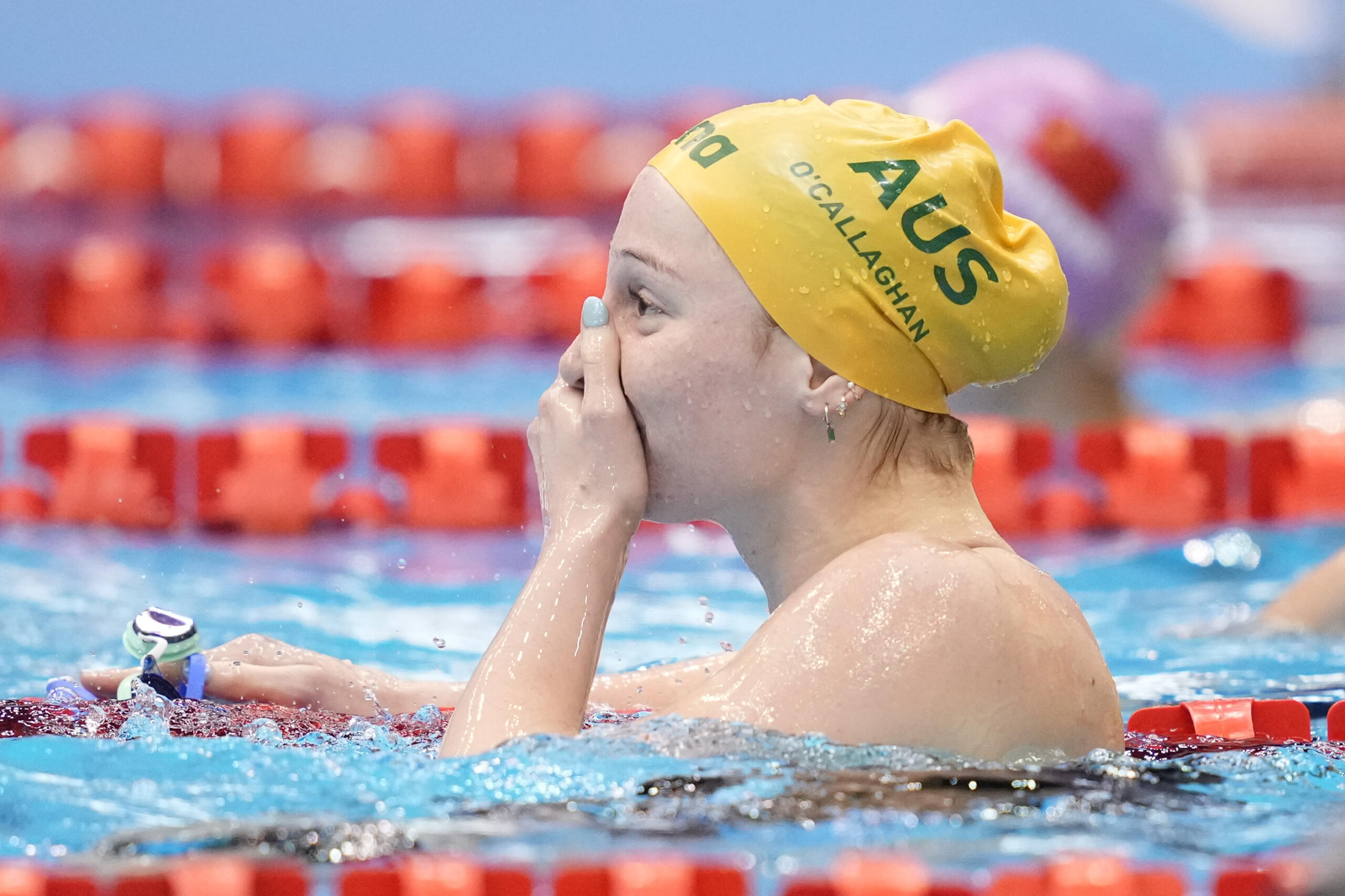 Mollie O'Callaghan of Australia reacts after winning the women's 200m freestyle swimming final at the World Swimming Championships in Fukuoka, Japan, Wednesday, July 26, 2023.