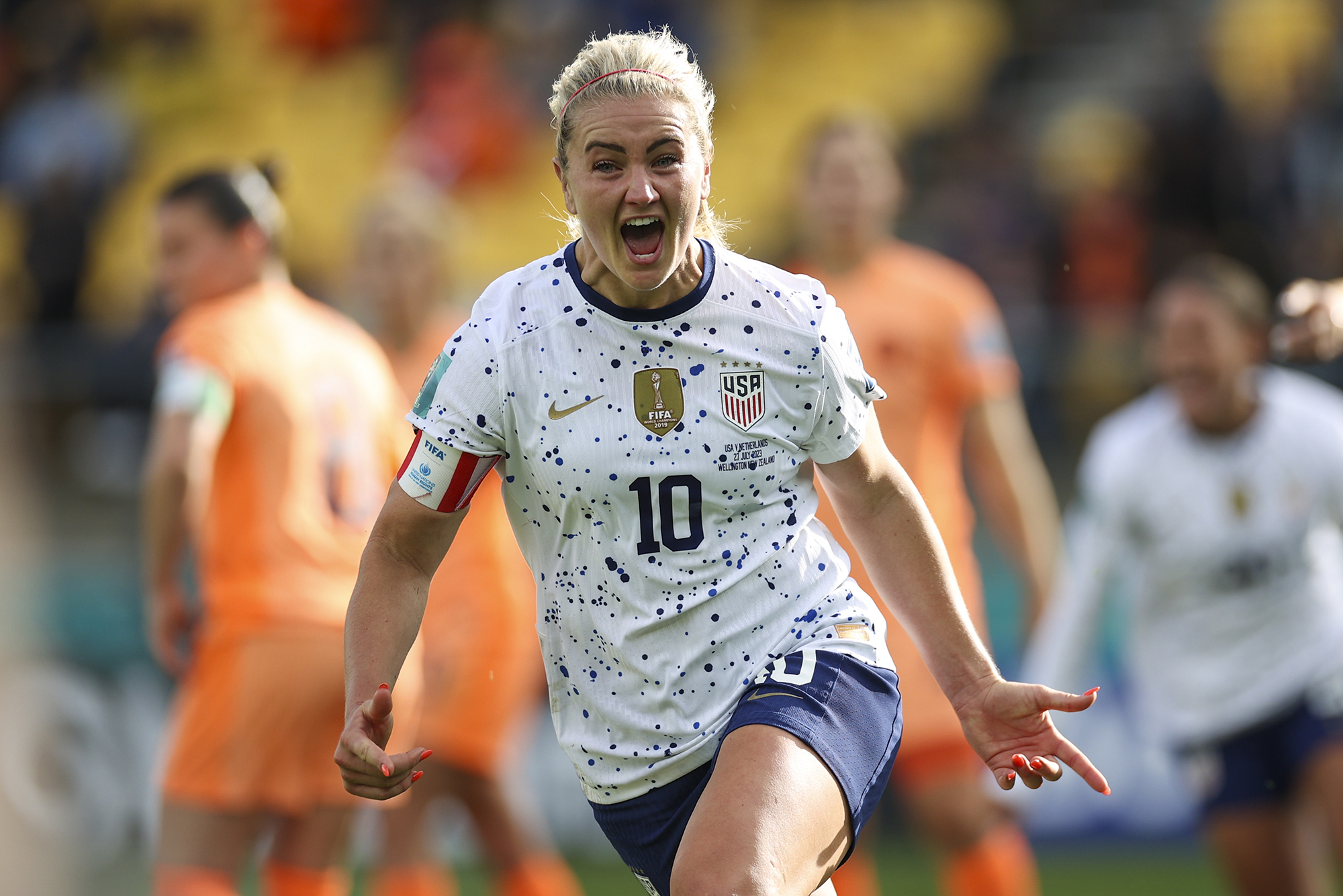 United States' Lindsey Horan celebrates her team's first US goal during the Women's World Cup Group E soccer match between the United States and the Netherlands in Wellington, New Zealand, Thursday, July 27, 2023.