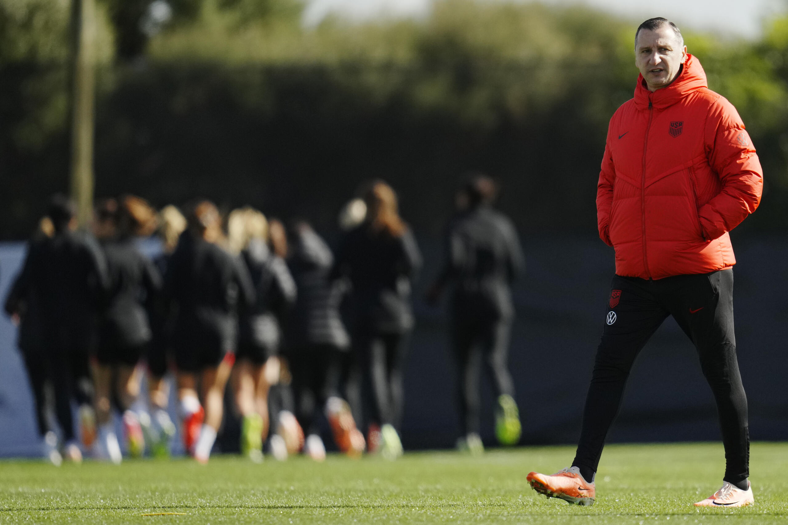 United States' head coach Vlatko Andonovski stands on the field during a FIFA Women's World Cup team practice at Bay City Park in Auckland, New Zealand, Saturday, July 29, 2023.