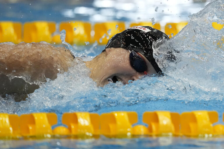 Katie Ledecky of the U.S. competes during the women's 800m freestyle final at the World Swimming Championships in Fukuoka, Japan, Saturday, July 29, 2023.