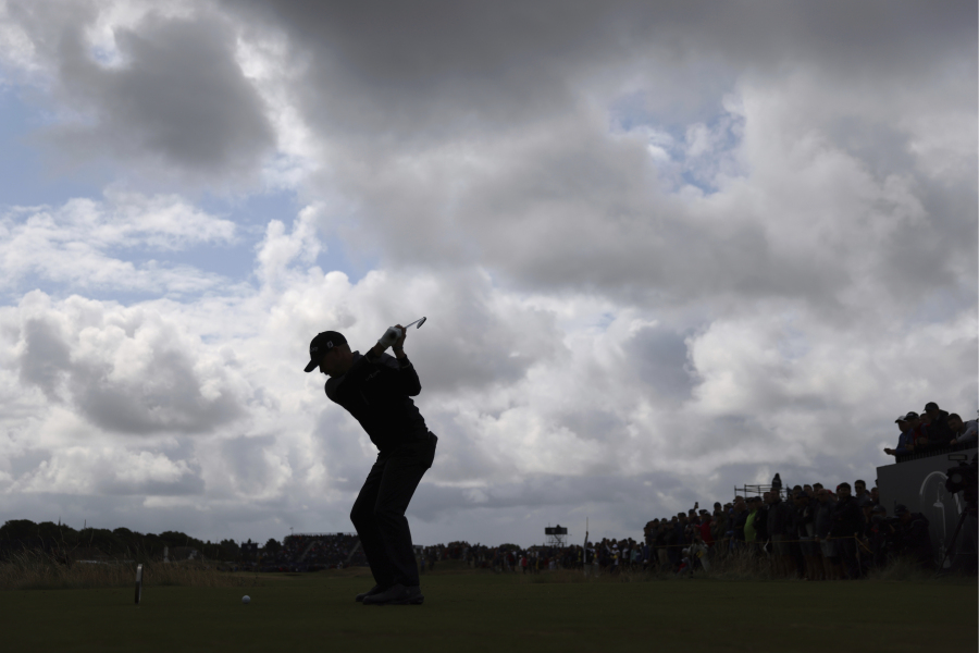 United States' Brian Harman plays his shot from the 9th tee during the second day of the British Open Golf Championships at the Royal Liverpool Golf Club in Hoylake, England, Friday, July 21, 2023.