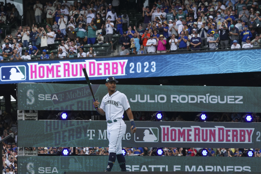 American League's Julio Rodriguez is introduced at the start of the MLB All-Star baseball Home Run Derby in Seattle, Monday, July 10, 2023.