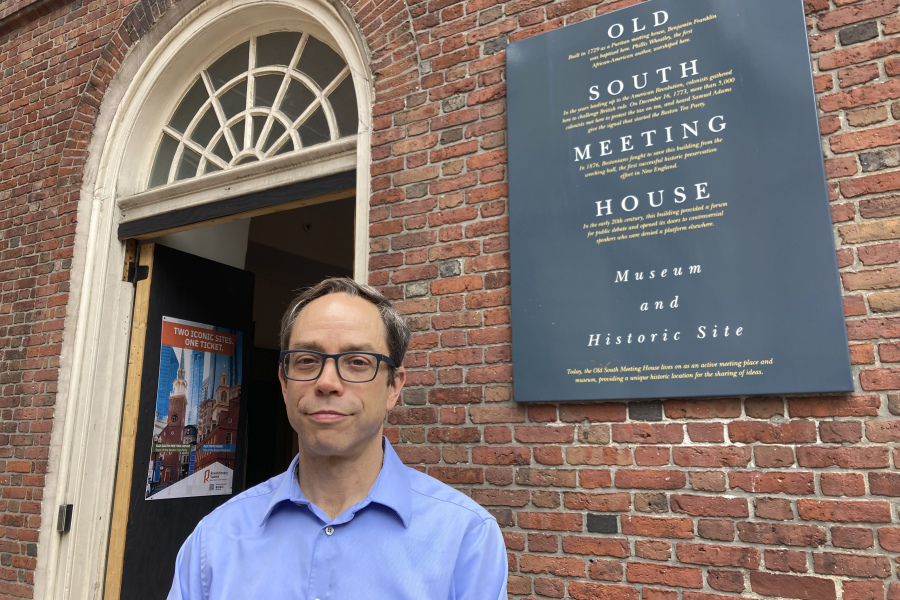 Nathaniel Sheidley, president and CEO of Revolutionary Spaces, stands outside the Old South Meeting House in Boston, Thursday, June 29, 2023, the site of the tax protests that led to the Boston Tea Party in 1773. Sheidley said that for the country's founding generation, patriotism meant the sacrifice of one's own individual interest in the service of something larger like the country or the common good. The hallmark of patriotism, he said, was caring more about one's neighbor and fellow community members that one's self.