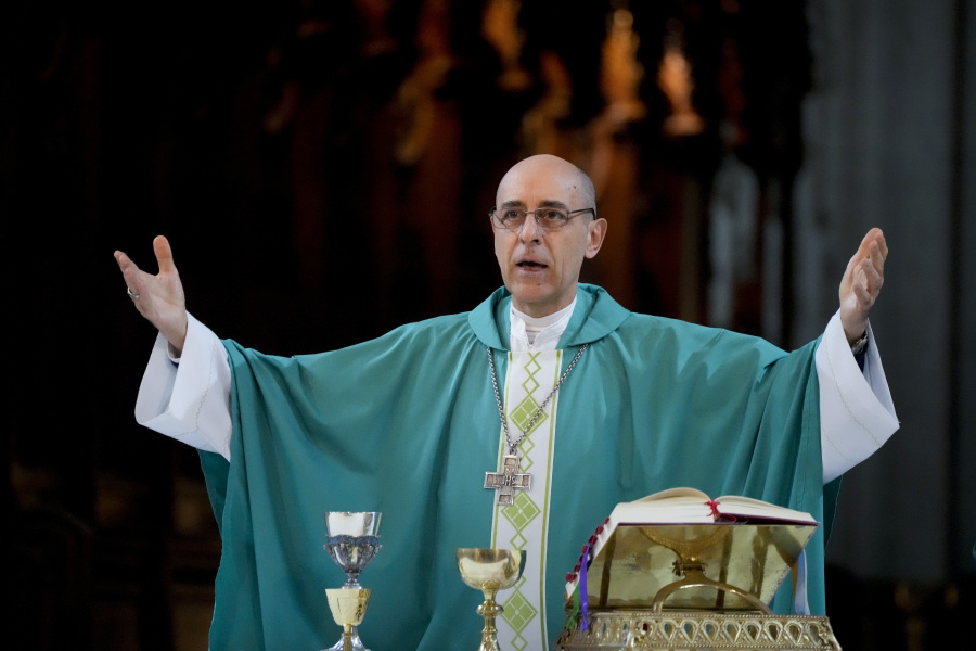 Monsignor Victor Manuel Fernandez, archbishop of La Plata, officiates Mass at the Cathedral in La Plata, Argentina, Sunday, July 9, 2023. Fernandez was appointed by Pope Francis to head the Holy See's Dicastery for the Doctrine of the Faith at the Vatican.