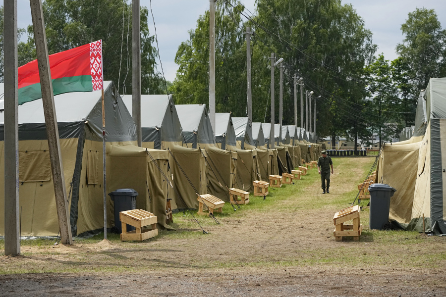 A view of the Belarusian army camp near Tsel village, about 90 kilometers (about 55 miles) southeast of Minsk, Belarus, Friday, July 7, 2023. Maj. Gen. Leonid Kosinsky, an assistant to Belarus' defense minister, said that Russia's Wagner military contractor could use the army camp near Tsel if it relocates to Belarus under a deal that ended mercenary chief Yevgeny Prigozhin's abortive mutiny.
