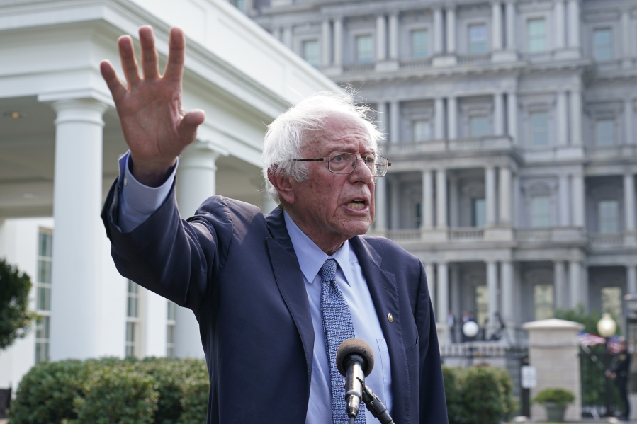 Sen. Bernie Sanders, I-Vt., speaks to reporters following his meeting with President Joe Biden at the White House in Washington, Monday, July 17, 2023.