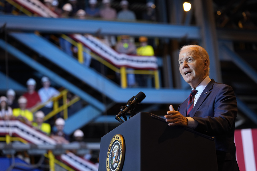 President Joe Biden speaks at a shipyard in Philadelphia, Thursday, July 20, 2023. Biden is visiting the shipyard to push for a strong role for unions in tech and clean energy jobs.