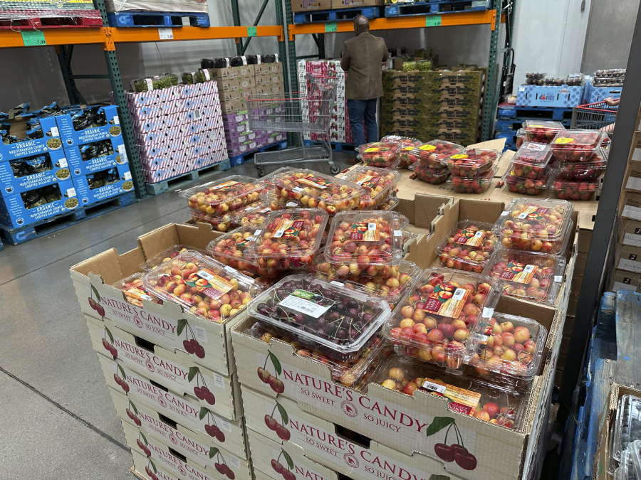Rainer cherries sit on display at a Costco warehouse Tuesday, July 11, 2023, in Sheridan, Colo.