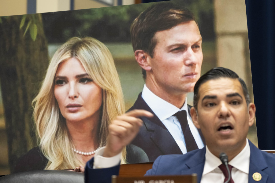 CORRECTS NAME TO REP. ROBERT GARCIA, D-CALIF. - Rep. Robert Garcia, D-Calif., speaks in front of a photograph of Ivanka Trump and Jared Kushner as he questions IRS whistleblowers during a House Oversight and Accountability Committee hearing, Wednesday, July 19, 2023, on Capitol Hill in Washington.