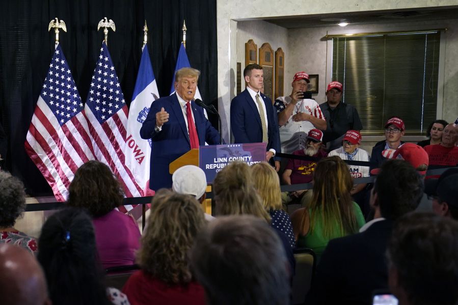 CORRECTS CITY AND LOCATION - Former President Donald Trump speaks to campaign volunteers at the Elks Lodge, Tuesday, July 18, 2023, in Cedar Rapids, Iowa.