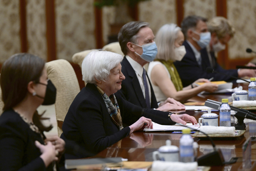 U.S. Treasury Secretary Janet Yellen, center, speaks during her meeting with China's Vice Premier He Lifeng at the Diaoyutai State Guesthouse in Beijing, Saturday, July 8, 2023.