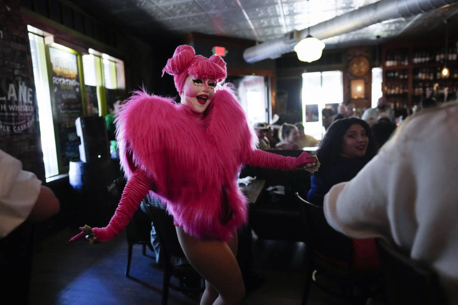Sweet Pickles performs during the "Mimosas & Heels Drag Brunch" at the Public House, Sunday, March 5, 2023, in Norfolk, Va. The drag bunch was hosted by Harpy Daniels and Javon Love.