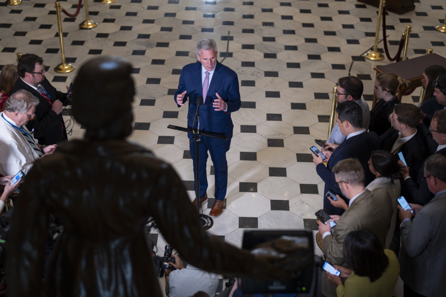 Speaker of the House Kevin McCarthy, R-Calif., talks to reporters following the visit and address to Congress by Israeli President Isaac Herzog, during a news conference at the Capitol in Washington, Wednesday, July 19, 2023. (AP Photo/J.