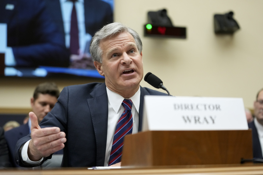 FBI Director Christopher Wray testifies before a House Committee on the Judiciary oversight hearing, Wednesday, July 12, 2023, on Capitol Hill in Washington.