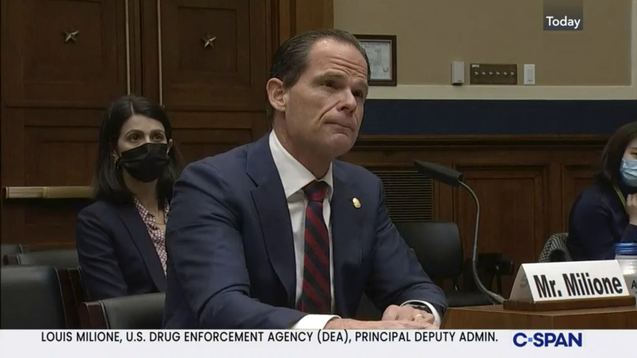 FILE - In this image from video provided by C-SPAN, Louis Milione, the U.S. Drug Enforcement Administration's principal deputy administrator, speaks during a hearing held by the House Energy and Commerce Subcommittee on Health in Washington on Dec. 2, 2021. Milione, the DEA's second-in-command, quietly resigned in 2023, amid reporting by The Associated Press that he previously consulted for a pharmaceutical distributor sanctioned for a deluge of suspicious painkiller shipments and did similar work for the drugmaker that became the face of the opioid epidemic: Purdue Pharma.